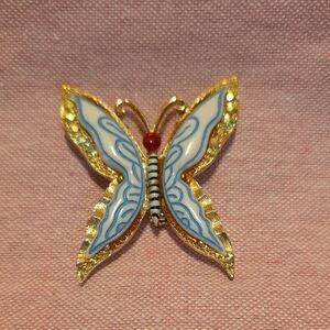 Gold-tone Blue and White Butterfly Brooch